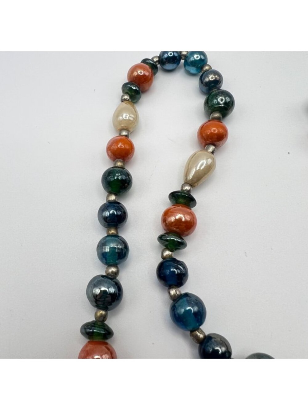 Vintage Glass Bead Necklace Blue Green Orange Cream Artisan 23" Barrel Clasp - Picture 5 of 8
